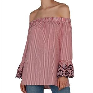Off the Shoulder StripeEmbroidered Bell Sleeve Top